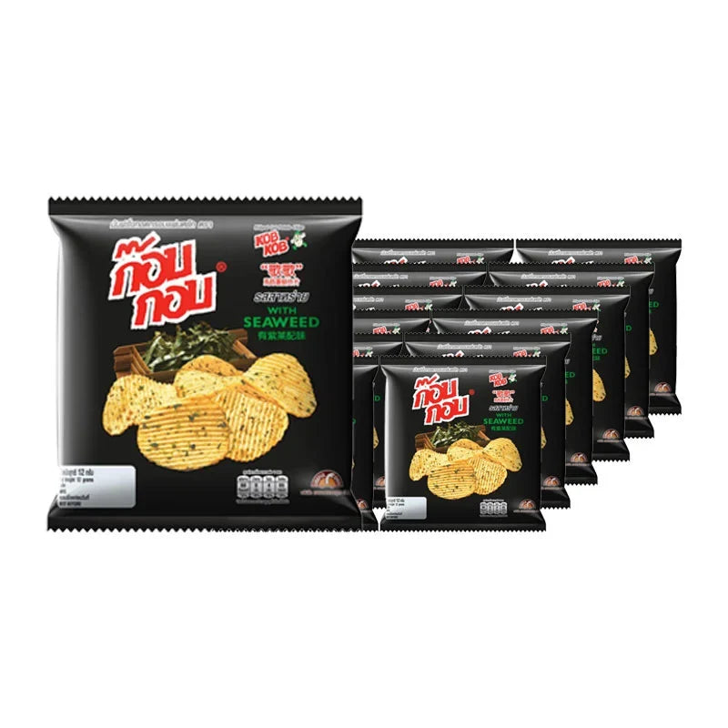 KOB Chips Seaweed snack in 12g packets, dry grocery snack, crispy seaweed chips by KOB KOB, image shows seaweed snack packaging