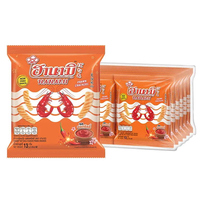 HANAMI Prawn Cracker Hot & Chili snack, 13g x12 pack, crispy seafood-flavored dry grocery snack with spicy chili seasoning.