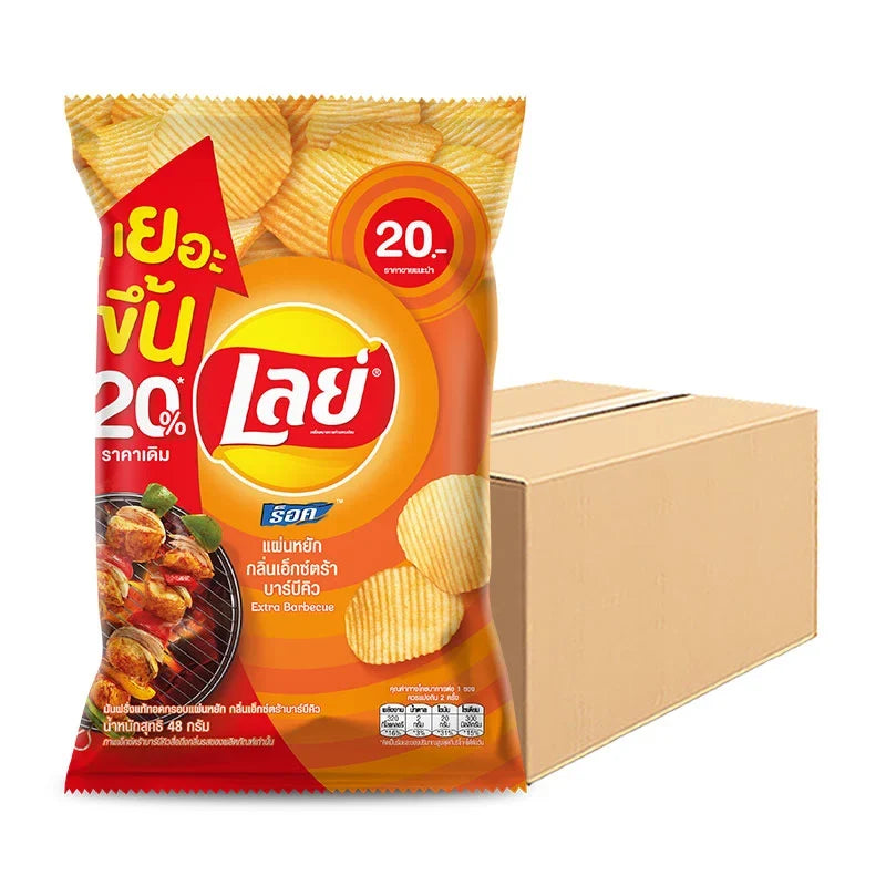 Lay's BBQ Flavored Rock Potato Chips in 48g bags, crispy snack with smoky barbecue seasoning, perfect for snack lovers.