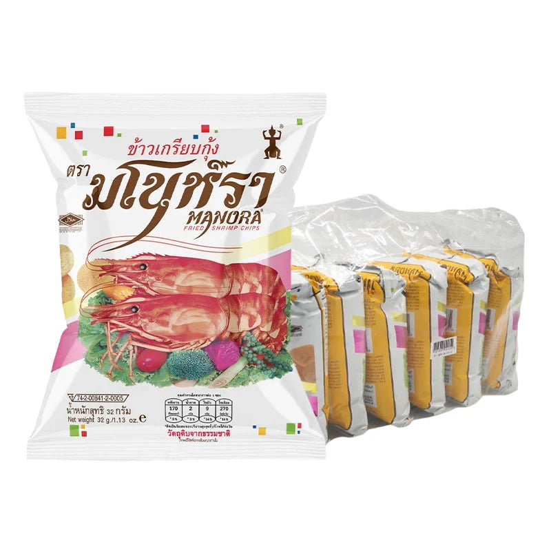 Manora Fried Prawn Crackers in 35g packages, stacked in a box, showcasing golden crispy snack from MANORA brand.