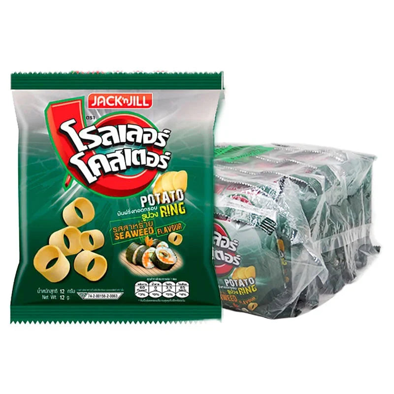 Roller Coaster Potato Ring Snacks with Seaweed flavor, 12g x12 pack, dry grocery snack, crispy snack confectionery.