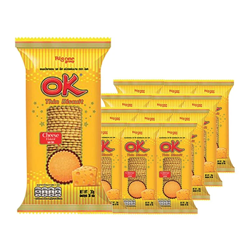 OK Thin Cracker Cheese 30g snack pack, dry grocery product featuring crispy cheese crackers in a 12-pack.