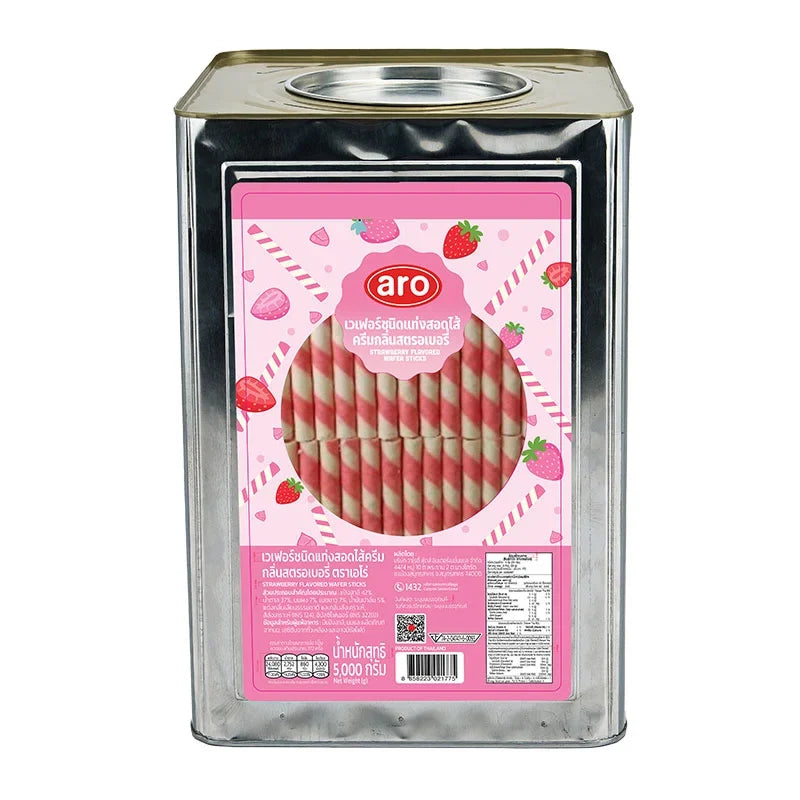 ARO Strawberry Wafer Stick 5kg, dry grocery snack with pink strawberry flavor and crispy wafer texture.