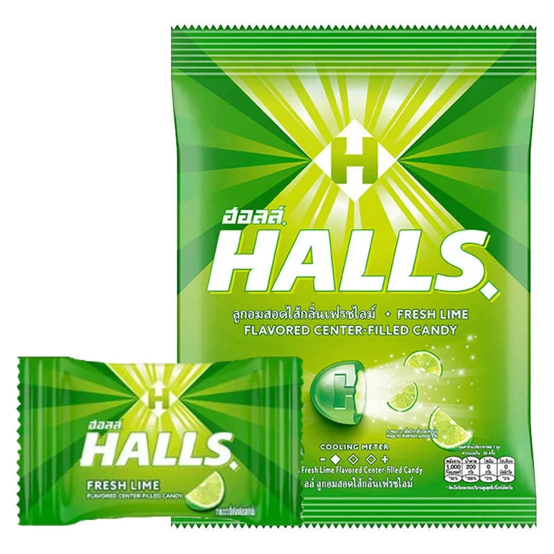 Halls Fresh Lime Candy in a clear wrapper, showcasing vibrant green candies from the Halls snack and confectionery collection.