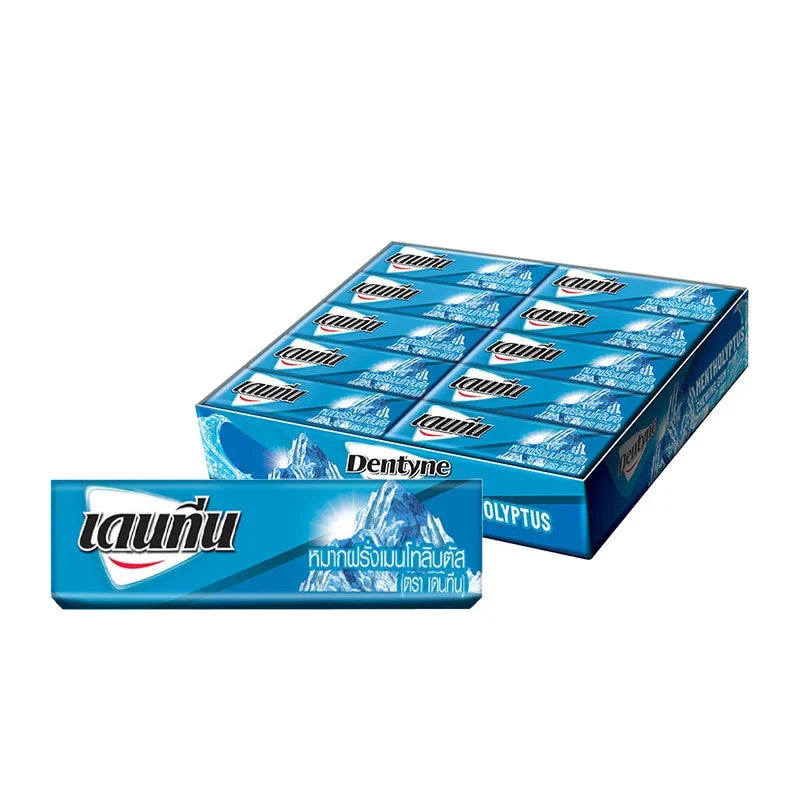 Dentyne Stick Gum Mentholyptus 12.5g, pack of 20, in clear packaging showing gum sticks with menthol and eucalyptus flavor
