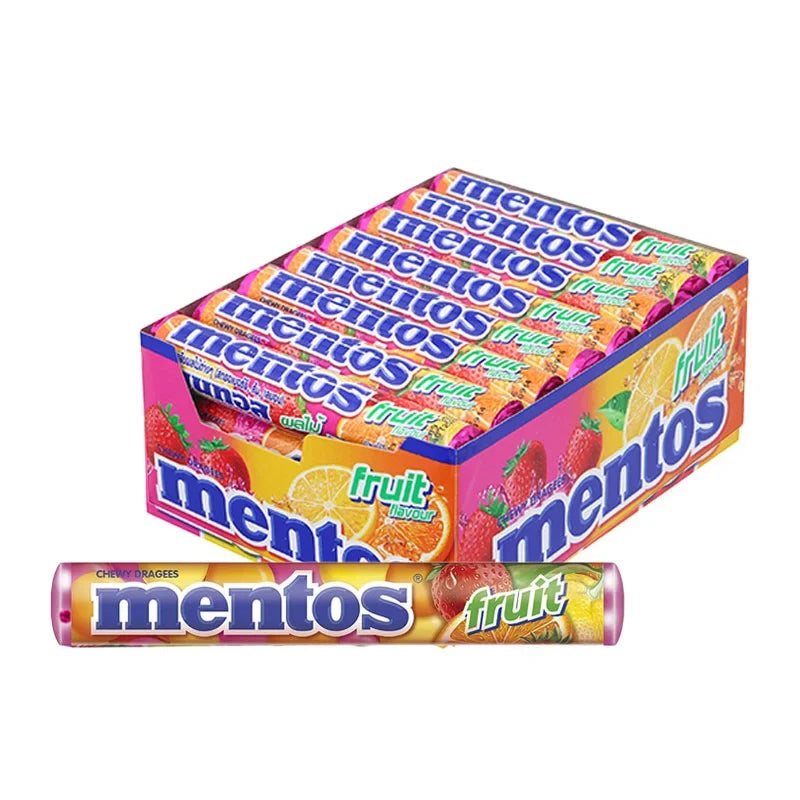 Mentos soft fruit flavor candy in a 29.7g pack, showing colorful, chewy candies from the MENTOS brand.