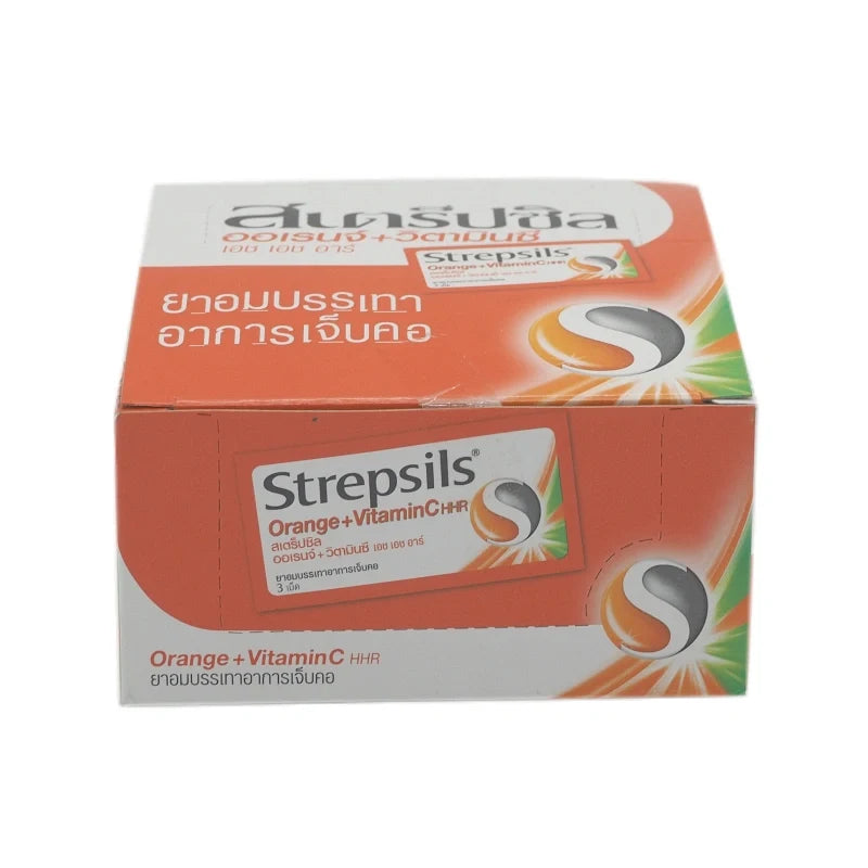 Strepsils Lozenges Orange with Vitamin C, HHR, 12-piece pack, soft citrus-flavored confectionery for soothing throat relief.