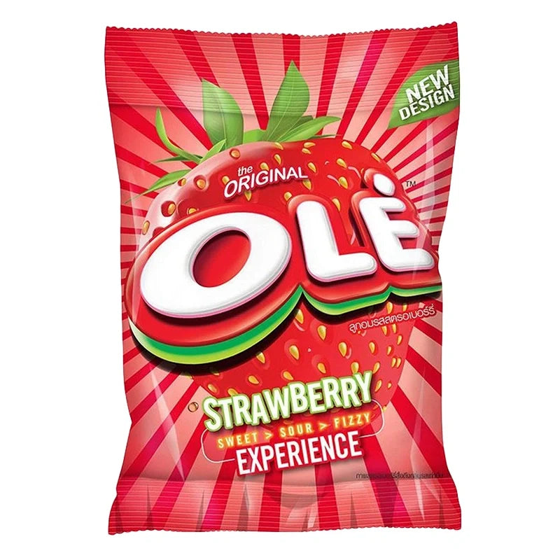 OLE Candy Strawberry Flavored 100 tablets in a clear container, bright red candies with strawberry flavor, for dry grocery and snacks.