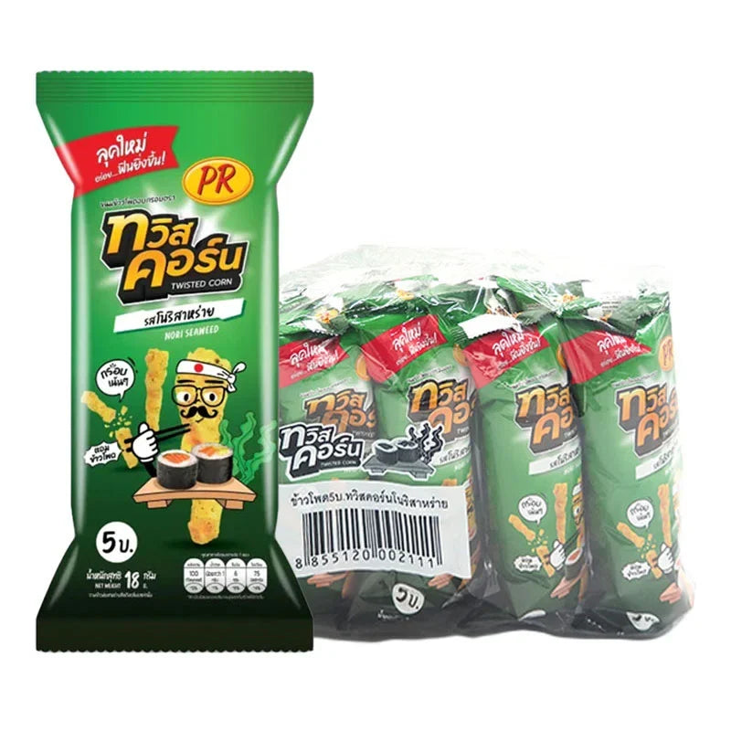 PR Twist Corn Snack Nori Seaweed flavor, 18g packs, crispy corn snack from PR brand, ideal for dry grocery and snack lovers.