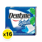 Dentyne Splash Hypermint chewing gum pack with 16 pieces, featuring vibrant packaging and fresh mint flavor.