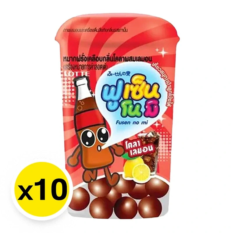 Lotte Gum Fusen Cola 15g snack pack, colorful soft chewy candies from the dry grocery and confectionery category.