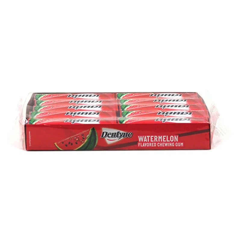 Dentyne watermelon gum sticks in 12.5g packs, 20-count, dry grocery snack with fruity watermelon flavor and chewing gum texture.