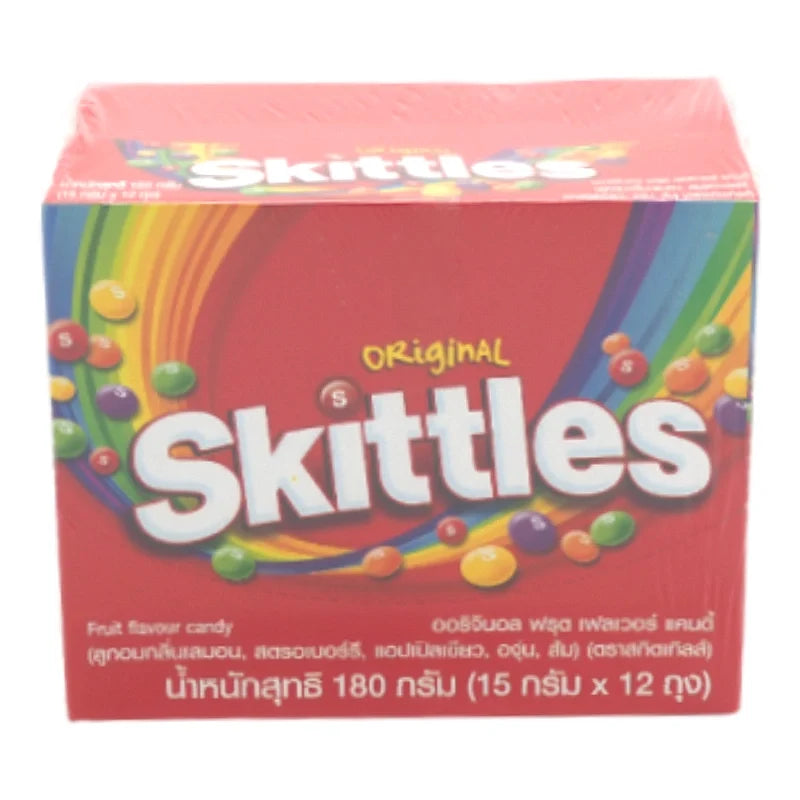 Skittles Candy 15g pack showing colorful fruit-flavored candies in a clear bag, ideal for snacks and confectionery.