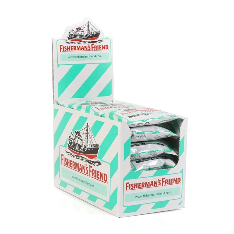 Fisherman's Friend Sugar Free Mint lozenges in a 24-pack, showing the small, rectangular candies with mint flavor and branding.
