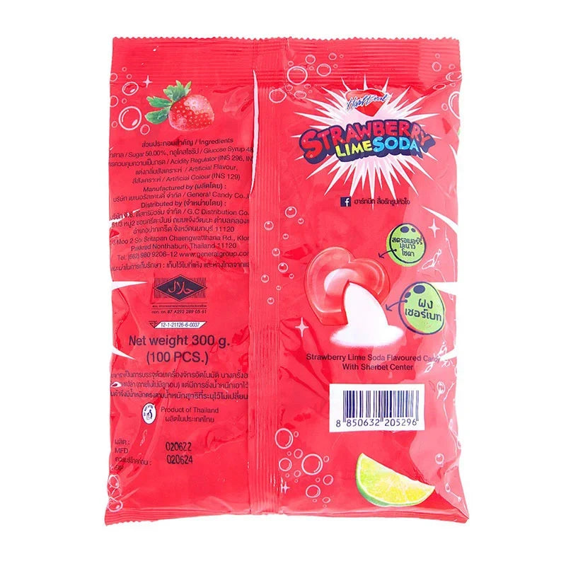 Hartbeat Strawberry Lime Soda Candy from the dry grocery snacks confectionery collection, showing colorful candy pieces in a clear bag.