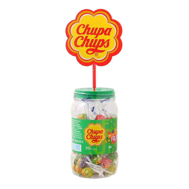 Chupa Chups fruit-flavored lolipop candies in a 9.5g pack, 50 pieces, colorful confectionery snack from the Chupa Chups brand.