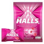 Halls Raspberry Candy pack featuring red raspberry-flavored lozenges, part of the HALLS snack and confectionery product line.