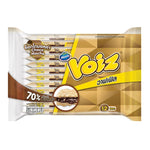 Voiz Waffle Choco Mocha 23g snack showing a crispy waffle coated with chocolate and mocha flavor in a sealed package.
