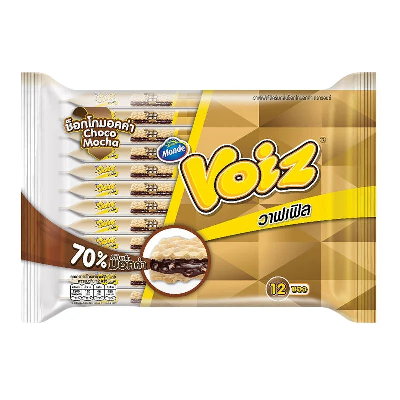 Voiz Waffle Choco Mocha 23g snack showing a crispy waffle coated with chocolate and mocha flavor in a sealed package.
