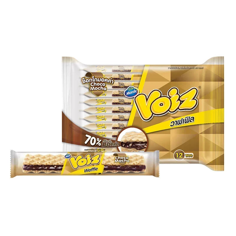 Voiz Waffle Choco Mocha snack in 23g package, featuring crispy waffle with chocolate and coffee flavor from VOIZ.
