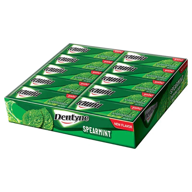 Dentyne Spearmint gum sticks in 12.5g packages, 20 packs shown, featuring green packaging and fresh spearmint flavor.
