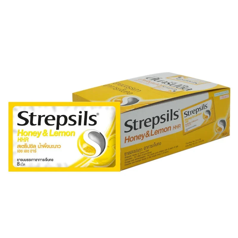 Strepsils Honey Lemon Throat Lozenges in a box, 24 pieces, part of dry grocery snacks and confectionery by STREPSILS.