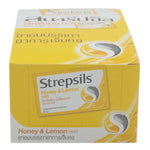 Strepsils Honey Lemon Throat Lozenges in a box, 24 pieces, soft lemon-flavored candies for soothing sore throats.