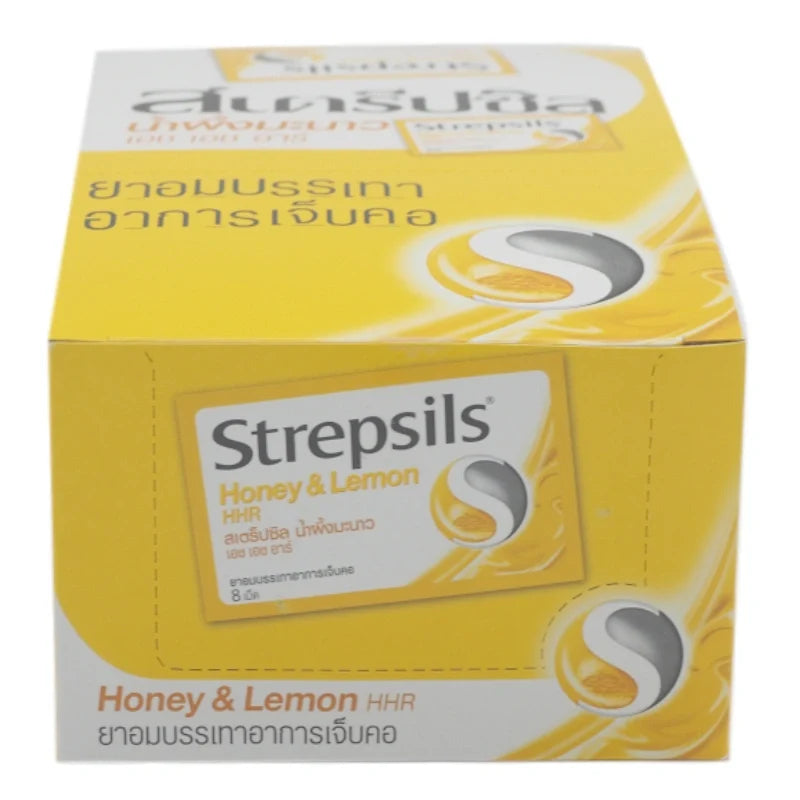 Strepsils Honey Lemon Throat Lozenges in a box, 24 pieces, soft lemon-flavored candies for soothing sore throats.