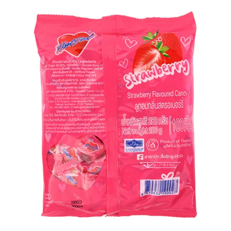 Hartbeat Candy Strawberry flavor dry snack, colorful confectionery with vibrant strawberry design and packaging.