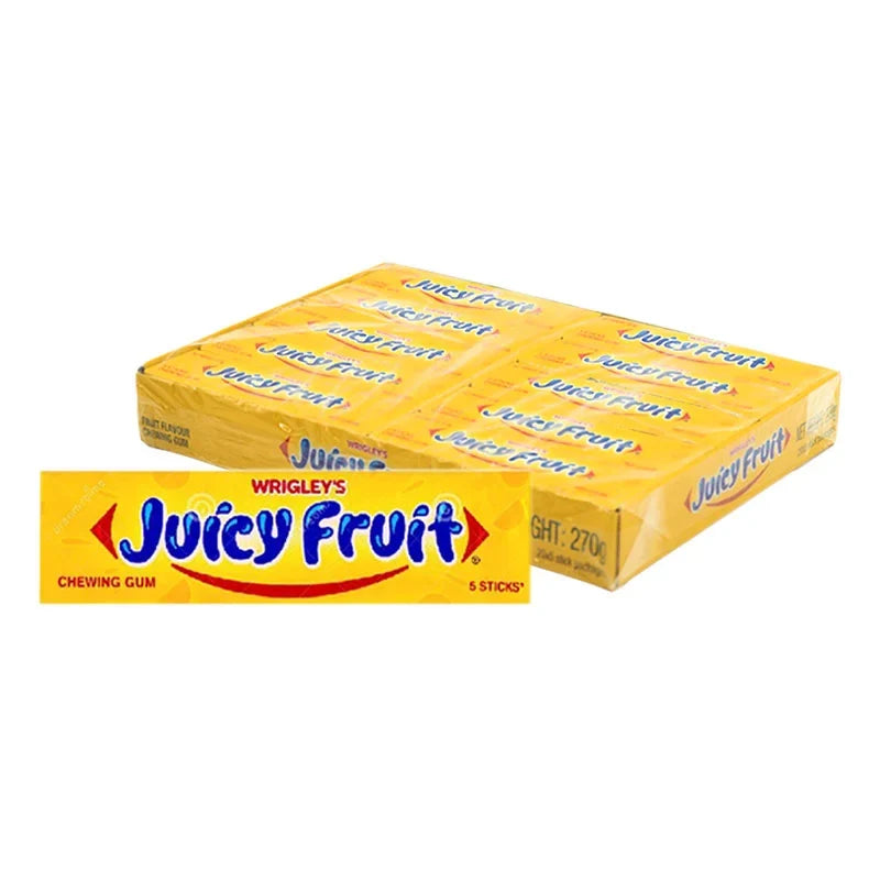 Wrigley's Juicy Fruit gum 13.5g packs, 20 count, in colorful packaging, ideal for snacks and confectionery.
