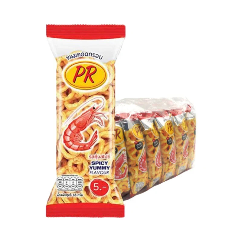 PR Extrude Shrimp Spicy snack package showing 16g x12 dry grocery snack with spicy shrimp flavor from PR brand.