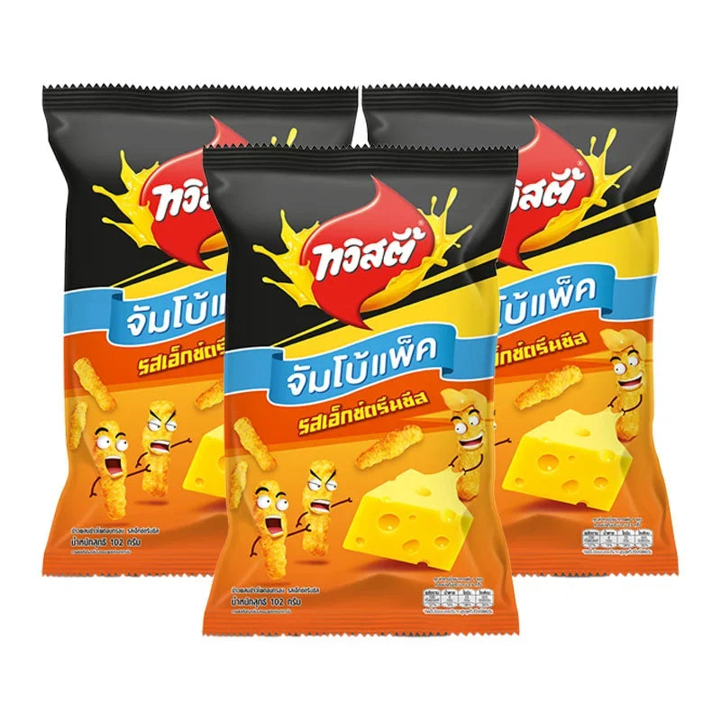 Twisties Extreme Cheese flavored rice and corn snack pack, 68g x3, crispy snack with cheesy appearance and crunchy texture.