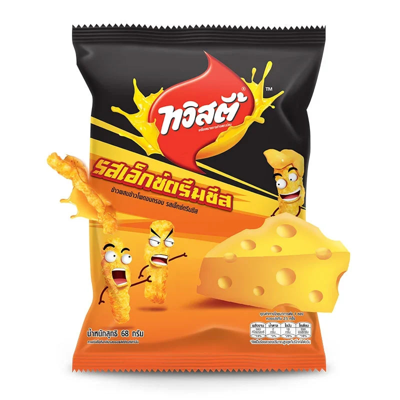 Twisties Extreme Cheese flavored rice and corn snack pack, 68g x 3, with crispy, cheesy snack pieces in a colorful bag.