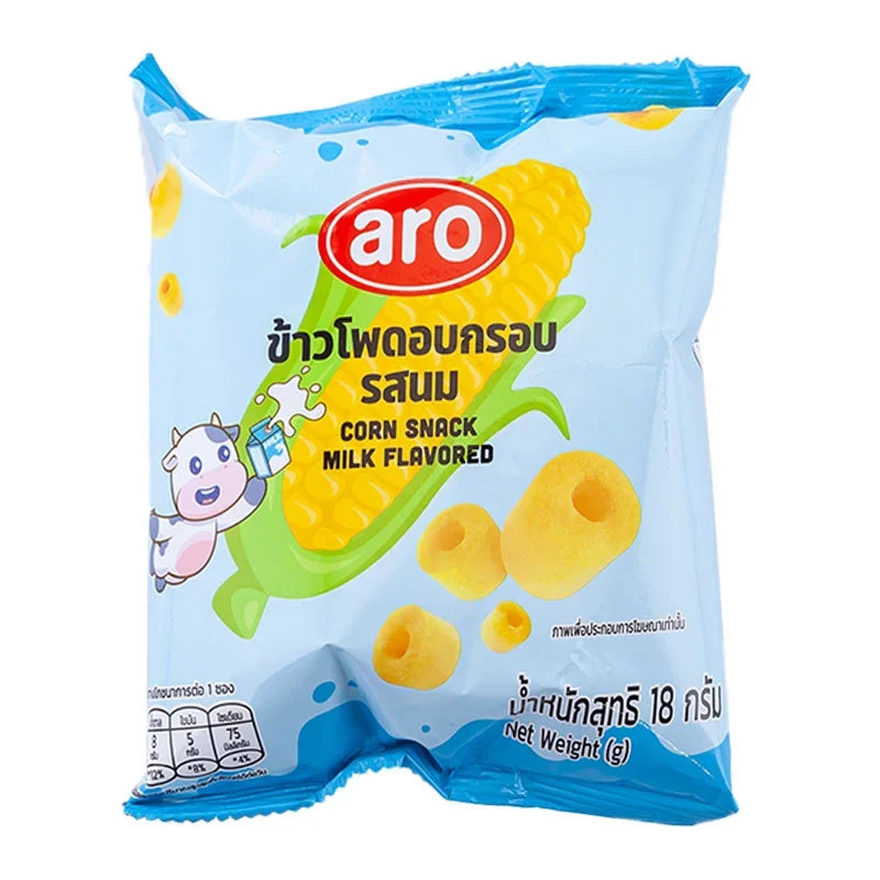 ARO Corn Snack Milk 18GX12 package of crunchy corn snack with milk flavor, ideal for dry grocery and snack lovers.