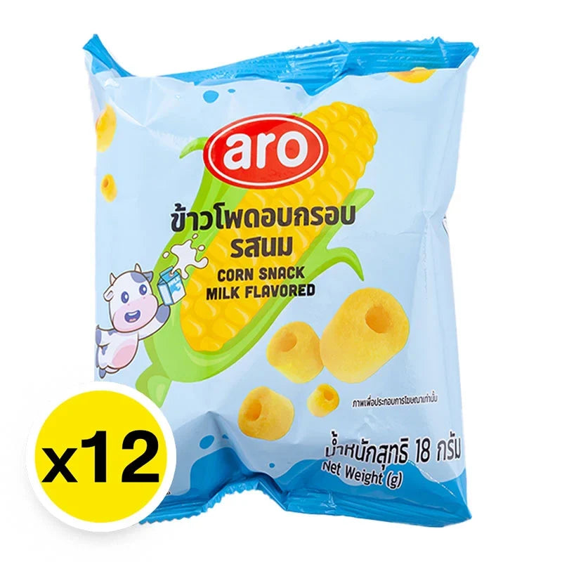 ARO Corn Snack Milk 18GX12 package of crunchy corn snacks with milk flavor, perfect for snacks or confectionery.