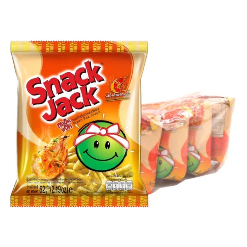 SNACKJACK Green Pea Snack with Salt and Chilli, Prawn flavor, 62g x4, dry grocery snack pack with vibrant packaging.