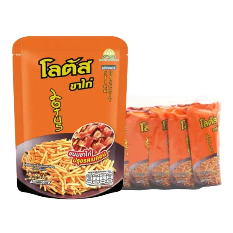 Lotus Stick Bacon Biscuit 20g pack, crispy snack with bacon flavor, part of Lotus dry grocery snack and confectionery collection.