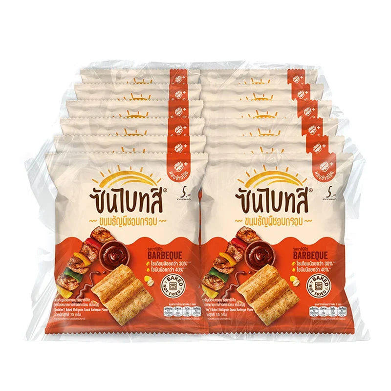 Sunbites Multi Grain BBQ snack pack with 15g x12, crunchy multigrain snack featuring BBQ flavor, ideal for snack cravings.
