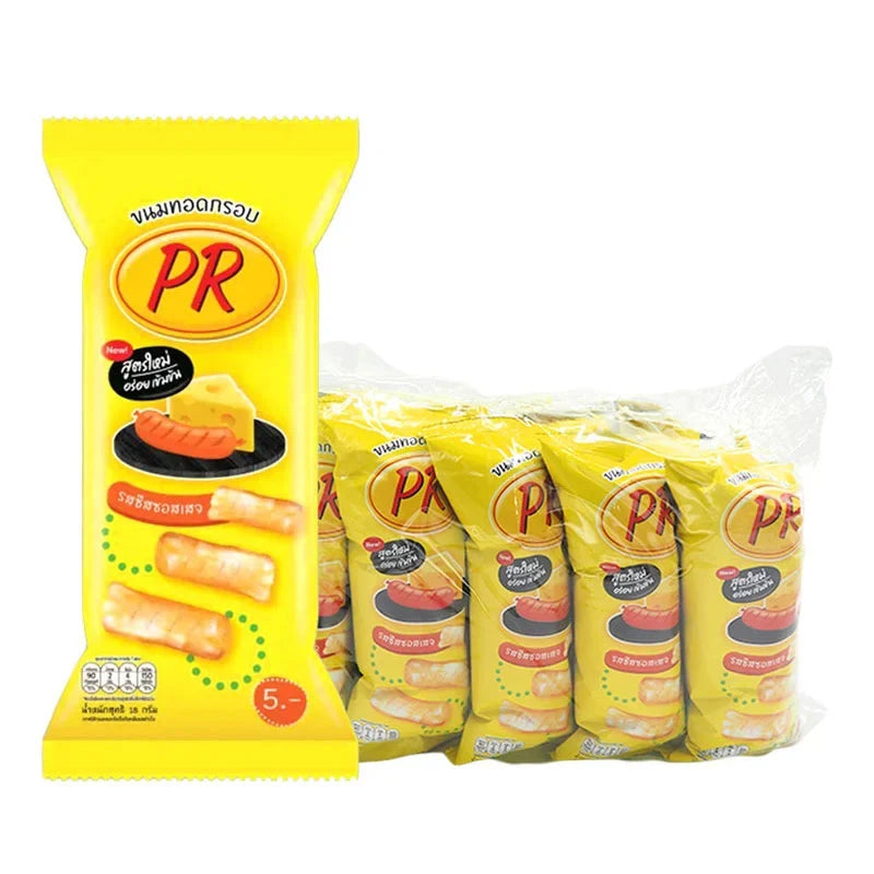 PR Crispy Snack Cheese and Sausage 18g individual packs, dry grocery snack with crunchy texture and savory flavor.