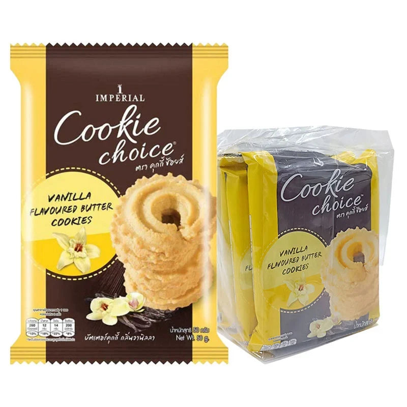 Choice Cookie Vanilla 50g pack, dry grocery snack, featuring vanilla-flavored cookies in a colorful package.