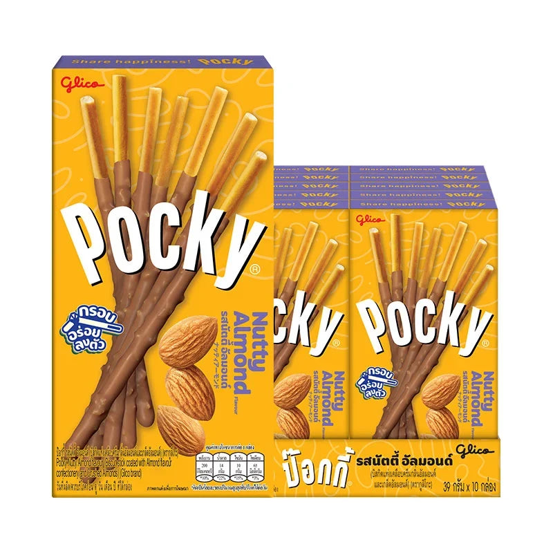 Pocky Almond Biscuit Sticks, 39g x10 pack, crunchy snack with almond-flavored coating from POCKY, ideal for dry grocery and confectionery.