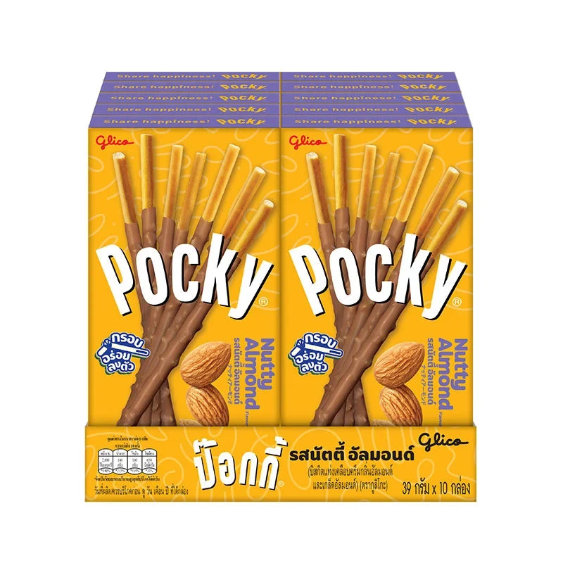 Assorted Pocky Biscuit Sticks Almond flavor in 39g packs, shown in a box, popular snack from POCKY in dry grocery and confectionery.
