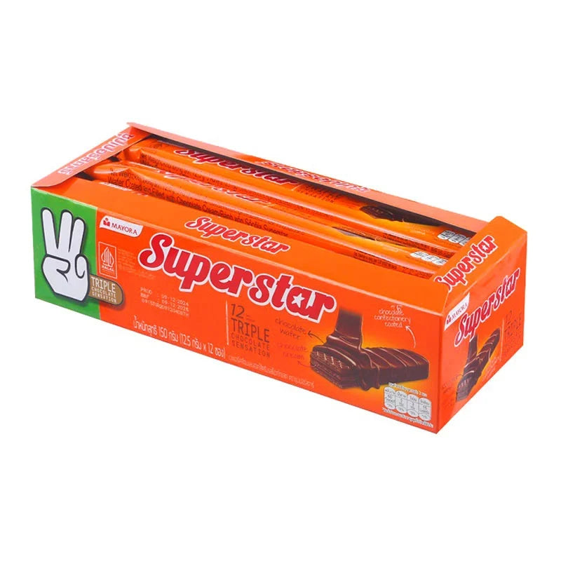 Superstar Chocolate Wafer 12.5g, crispy snack with chocolate layers, in colorful packaging, perfect for a sweet treat.
