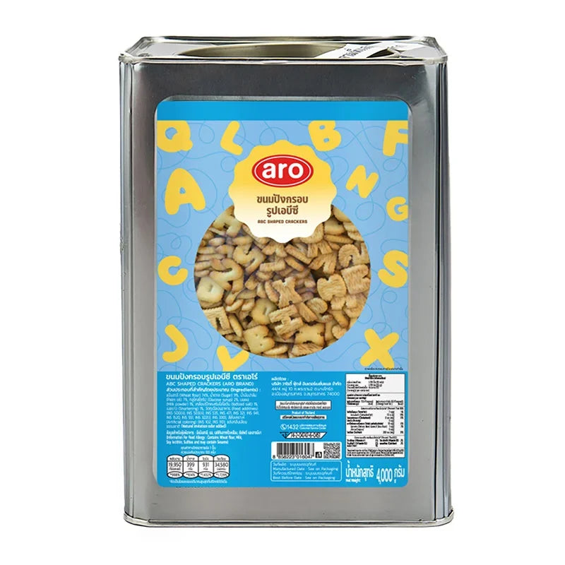 Aro ABC Crackers 4kg box, dry grocery snack with crunchy texture, packaged in a colorful box featuring the ARO brand logo.