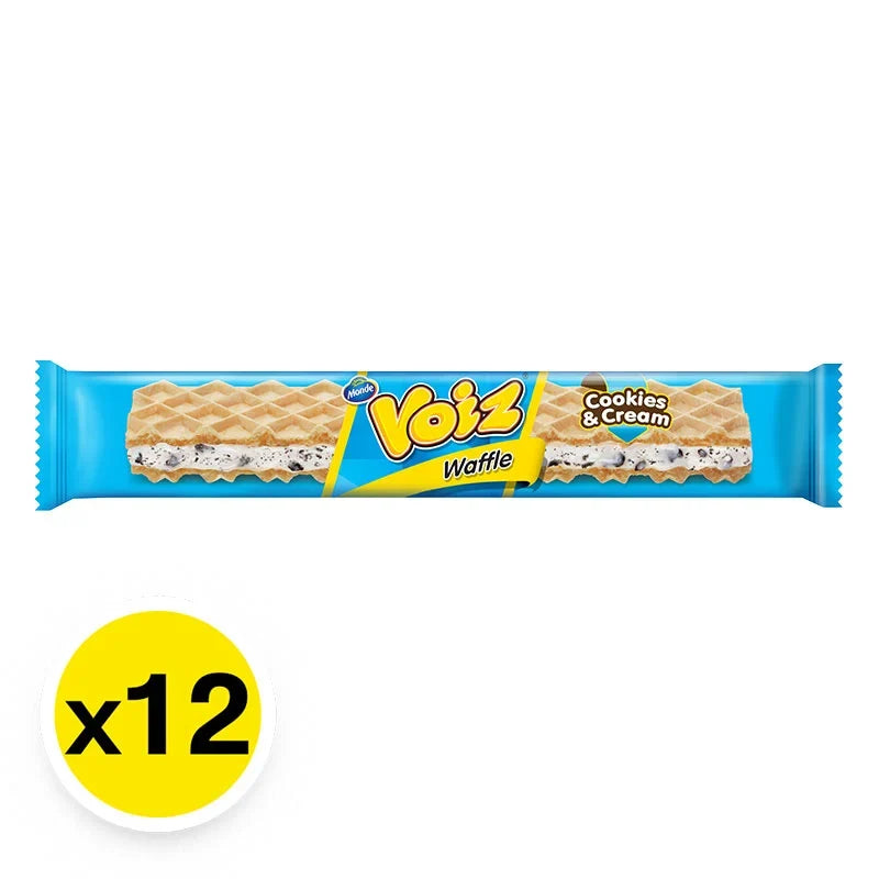 Voiz Waffle Cookies Cream flavor in 19g snack pack, featuring crispy waffle cookies coated with creamy filling.