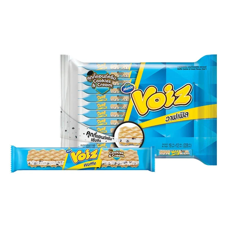 Voiz Waffle Cookies Cream flavor, 19g snack in bright packaging, featuring waffle cookies with creamy filling from VOIZ.