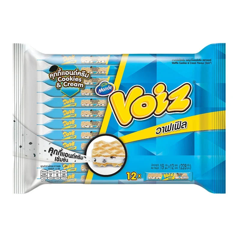 Voiz Waffle Cookies Cream snack, 19g, featuring crispy waffle cookies with creamy filling in a convenient dry grocery snack pack.