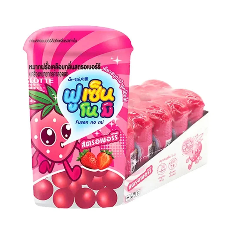 Lotte Fusen No Mi strawberry-flavored chewy gum pack, 15g x10, in colorful snack packaging with images of strawberries on the wrapper.