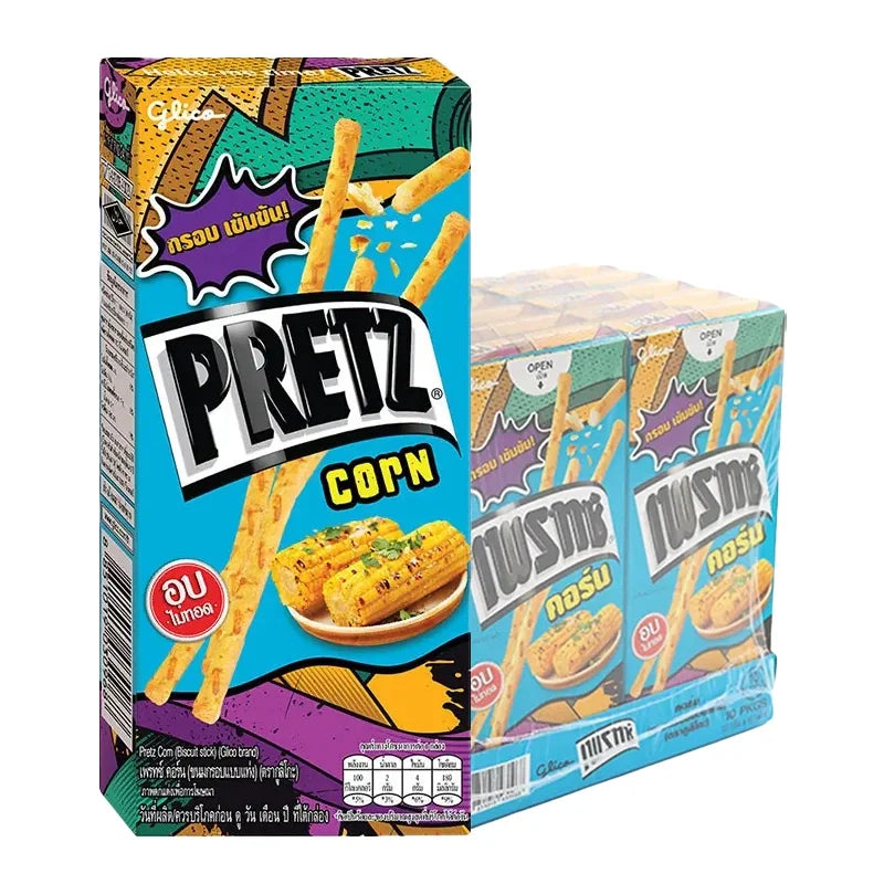 Pretz Corn snack package showing 10 packs of 22g each, crunchy pretzel sticks from PRETZ in dry grocery snack selection.