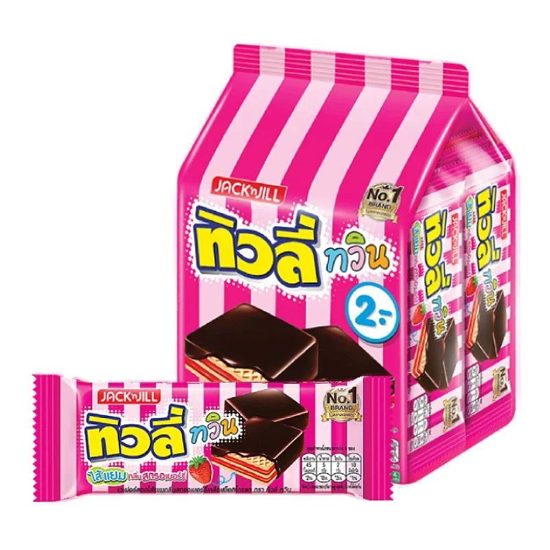 TIVOLI Tivoli Twin chocolate-coated wafers with strawberry jam filling, showing the crispy wafers covered in chocolate.